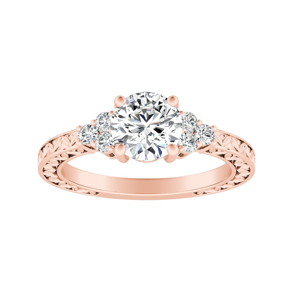 Round Diamond Engraved Engagement Ring With Diamond Cluster Side Stones