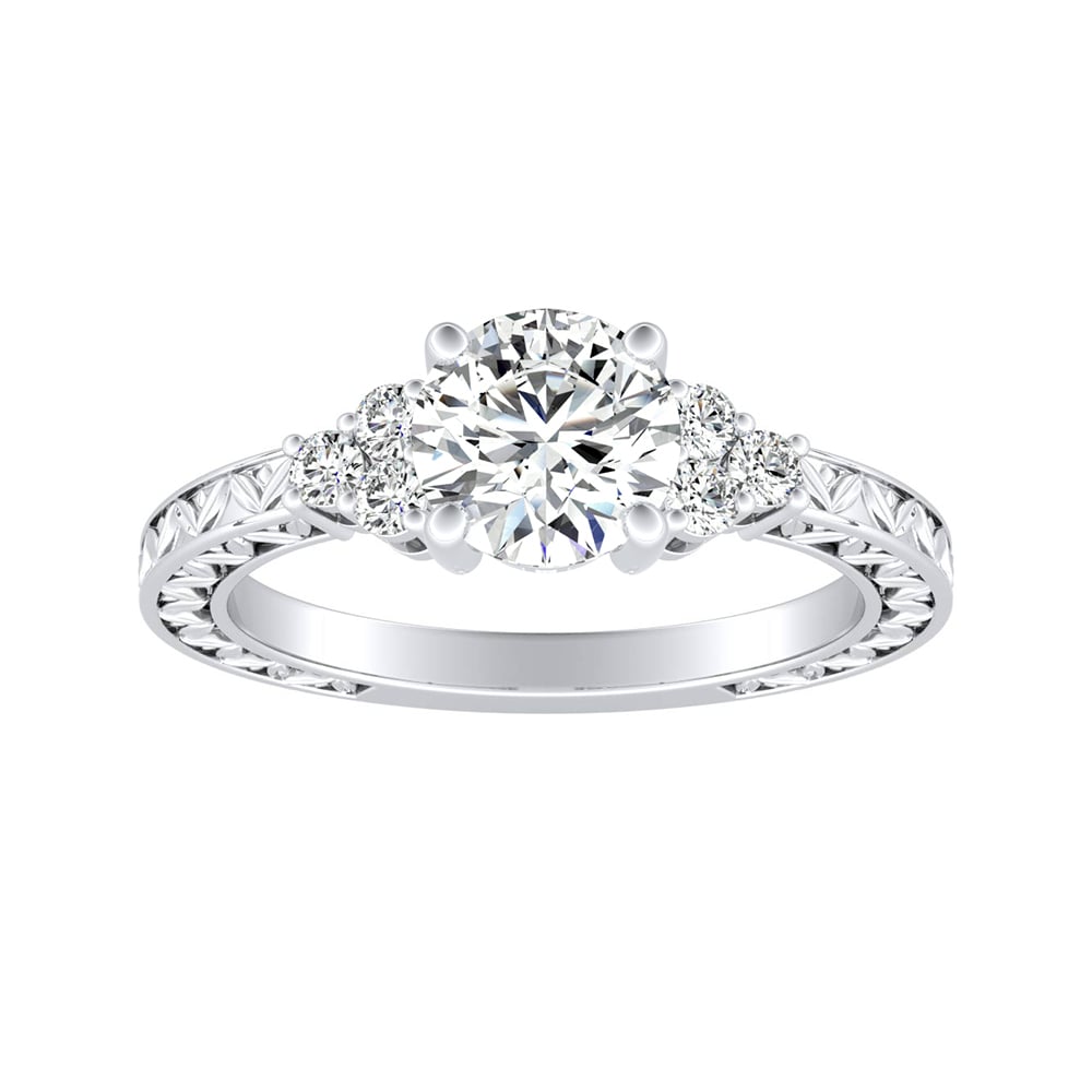 Round Diamond Engraved Engagement Ring With Diamond Cluster Side Stones