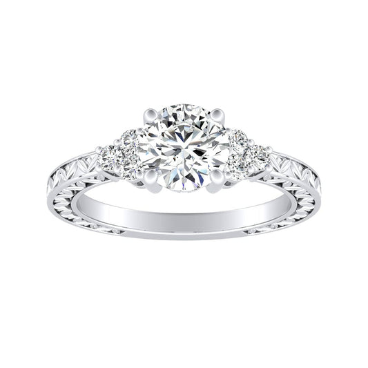 Round Diamond Engraved Engagement Ring With Diamond Cluster Side Stones