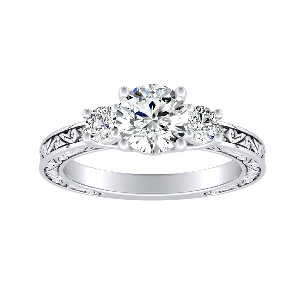 Round Diamond Three Stone Engagement Ring With Engraving Detail