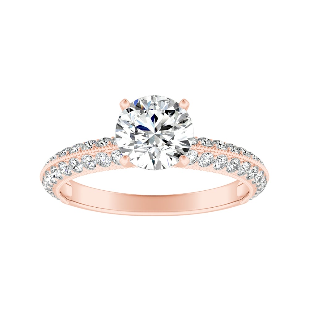 Round Diamond Two Row Pave Engagement Ring With Milgrain Detailing