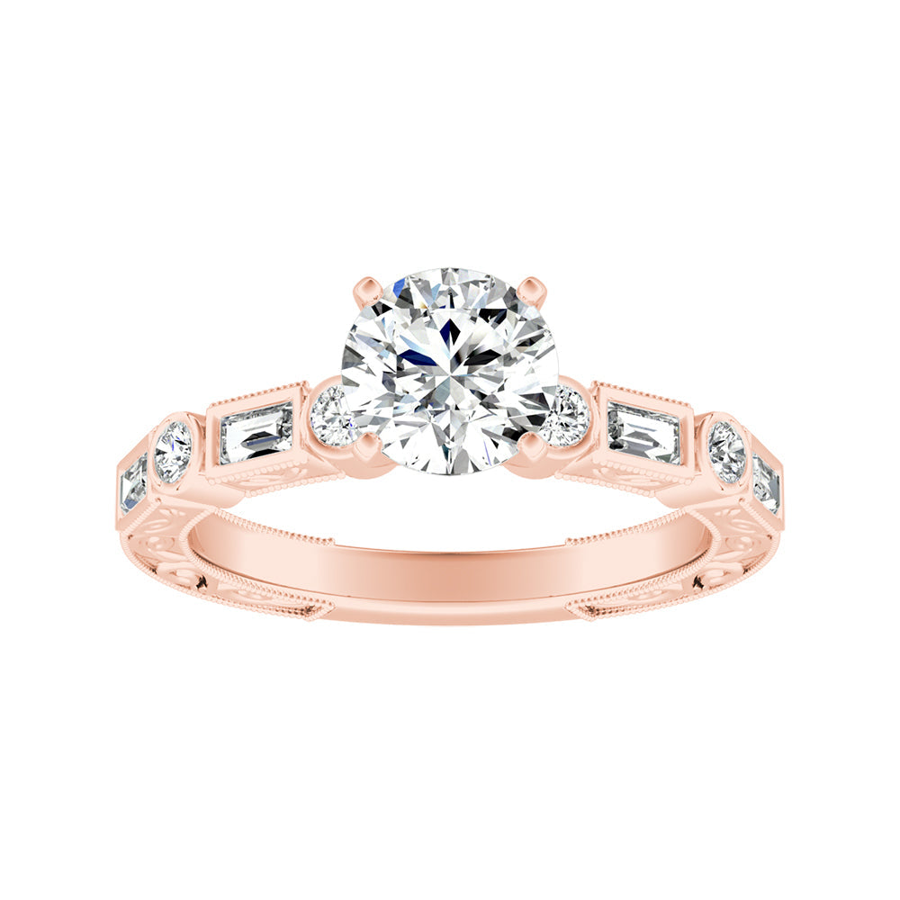 Round Diamond Engagement Ring With Bezel Set Baguette and Round Diamond Accents