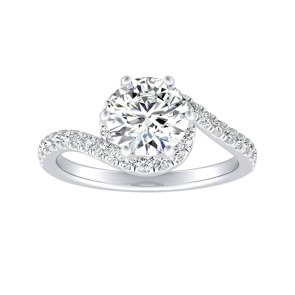 Round Diamond Wave Engagement Ring With Pave Diamonds