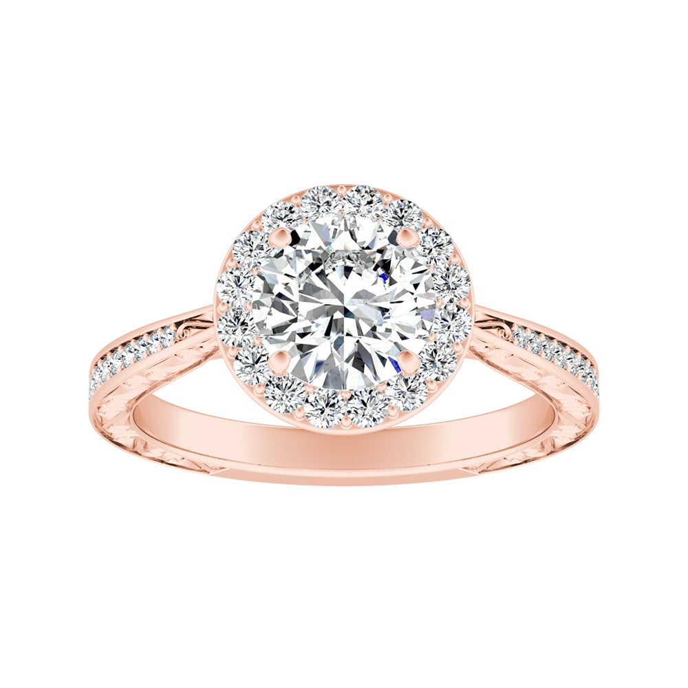 Round Diamond Halo Engagement Ring With Tapered Shank With Bead Set Pave Diamonds And Engraving