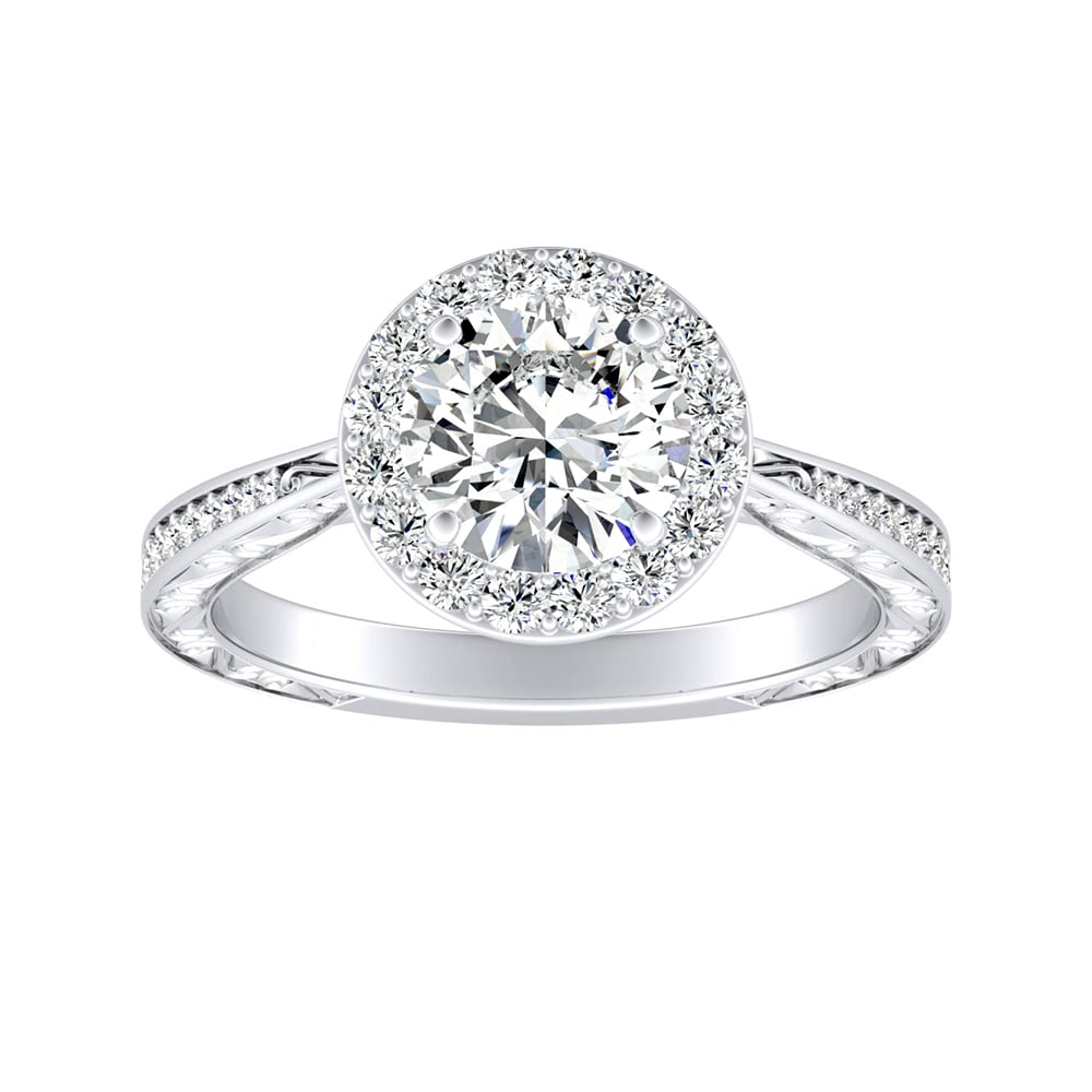 Round Diamond Halo Engagement Ring With Tapered Shank With Bead Set Pave Diamonds And Engraving