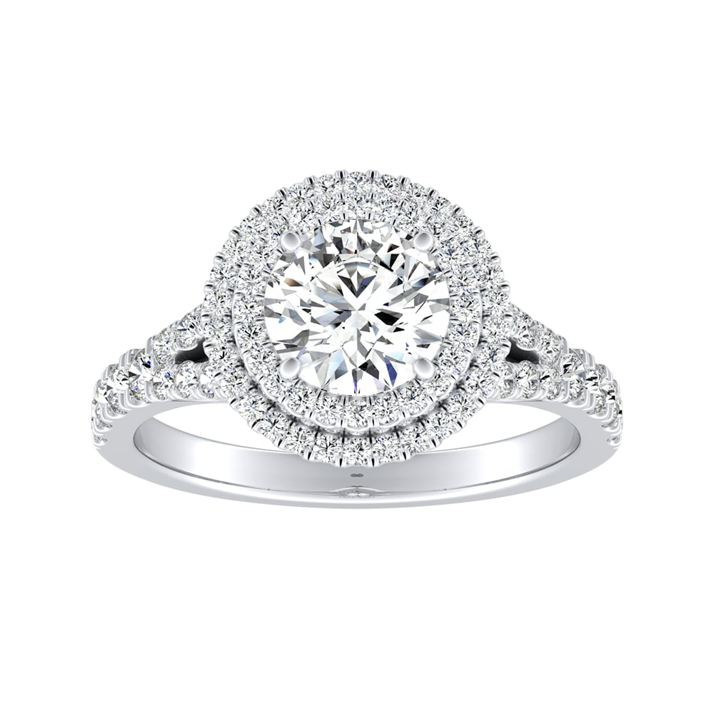 Round Diamond Double Halo Split Shank Engagement Ring