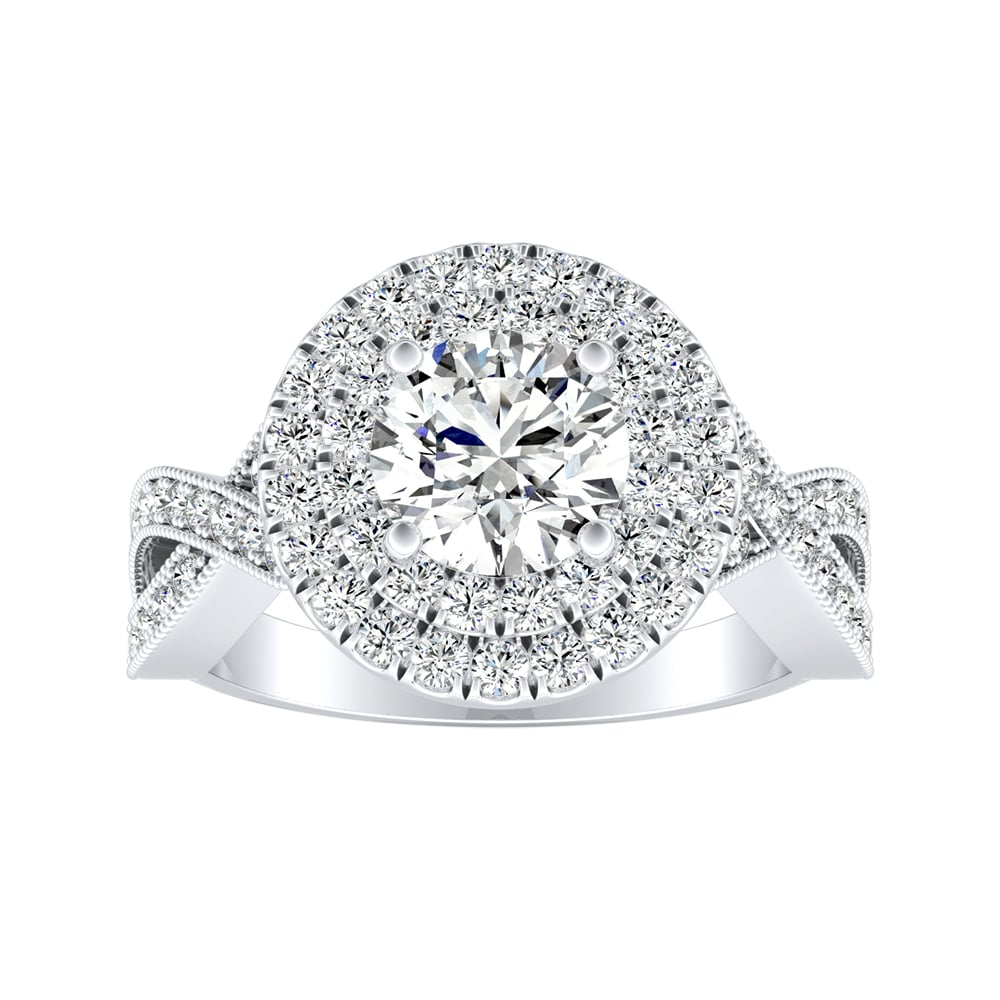 Round Diamond Double Halo Engagement Ring With Braided Pave Shank and Milgrain