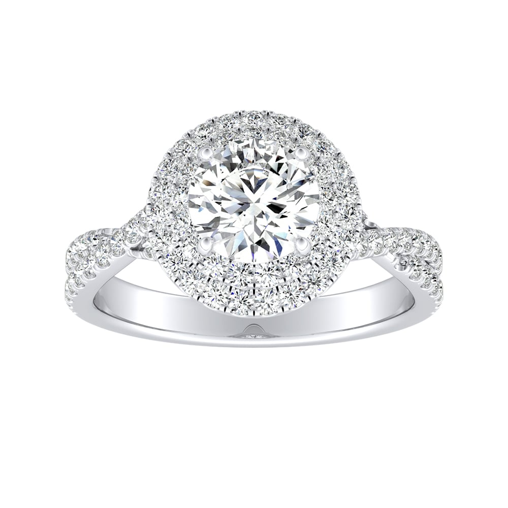Round Diamond Double Halo Twisted Pave Engagement Ring