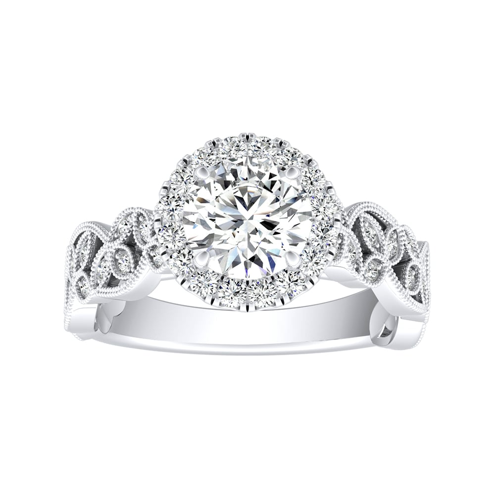 Round Diamond Halo Nature Inspired Engagement Ring With Bezel Set Diamond Accents