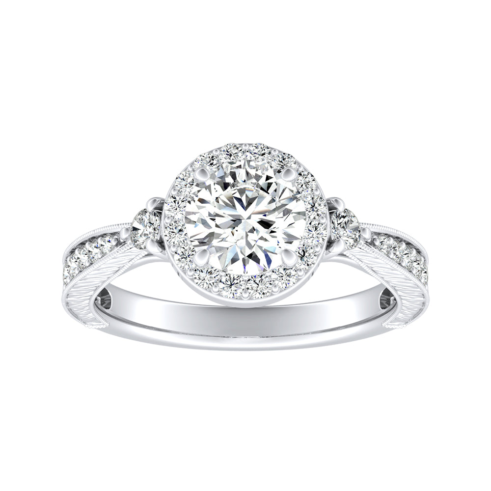 Round Diamond Halo Engagement Ring With Tapered Bead Set Diamonds and Milgrain