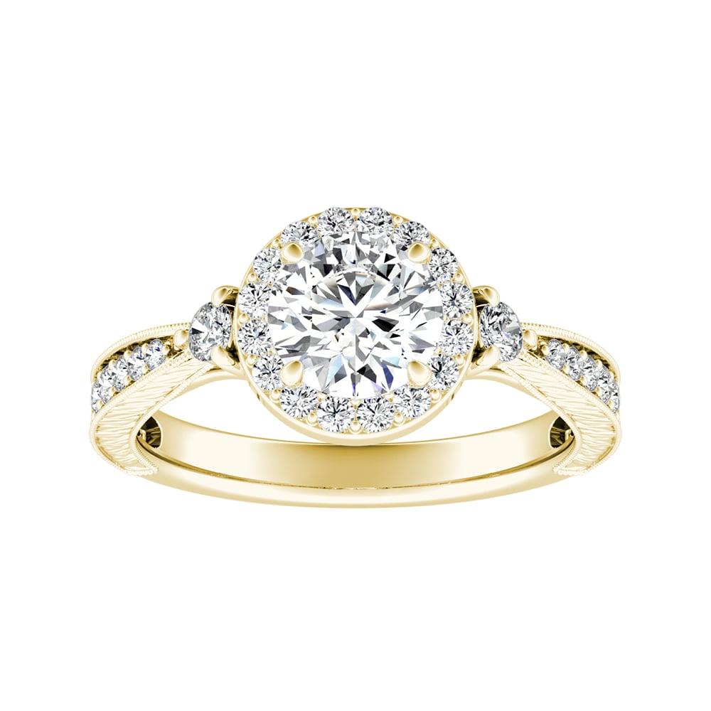 Round Diamond Halo Engagement Ring With Tapered Bead Set Diamonds and Milgrain