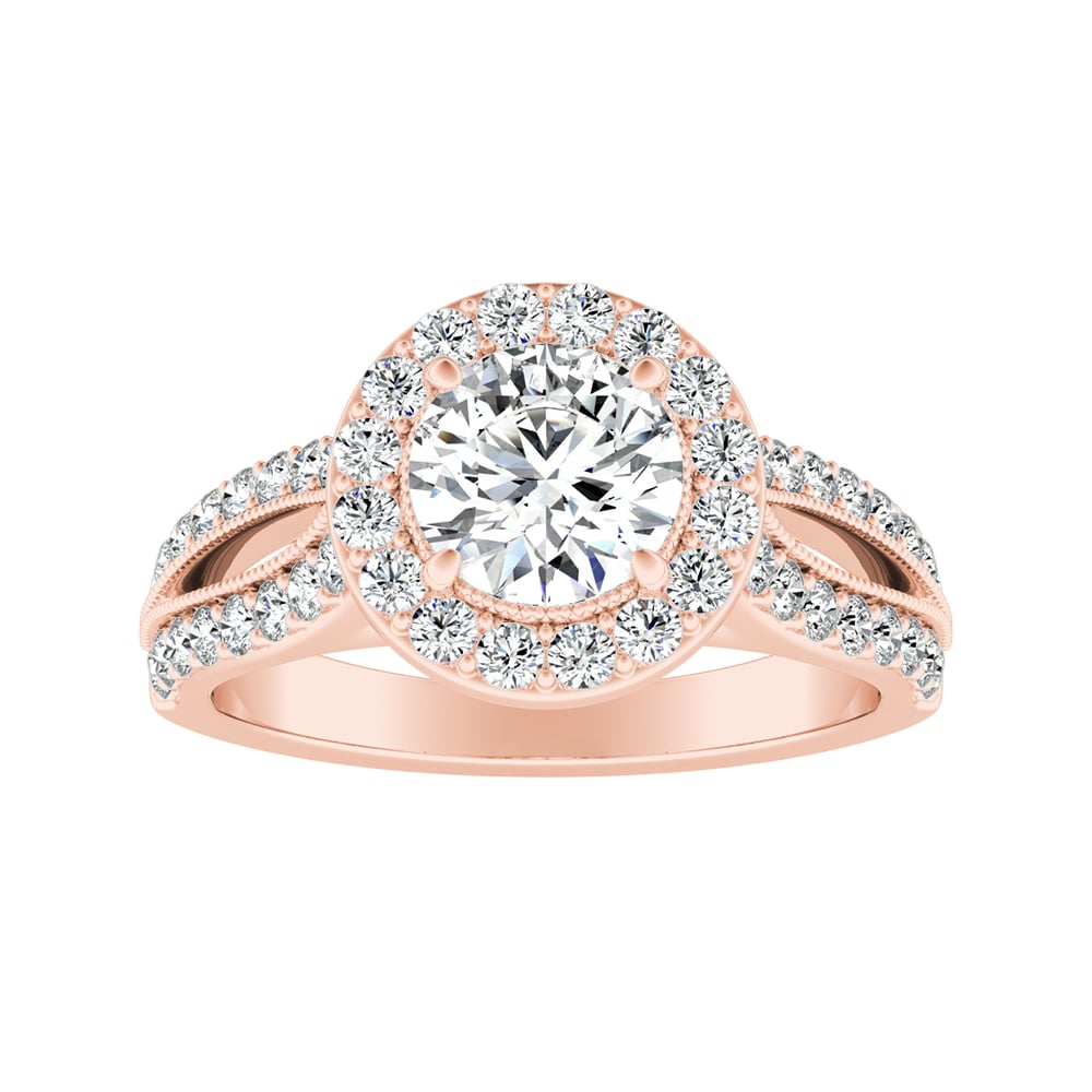 Round Diamond Halo Split Shank Engagement Ring With Pave And Milgrain Accents