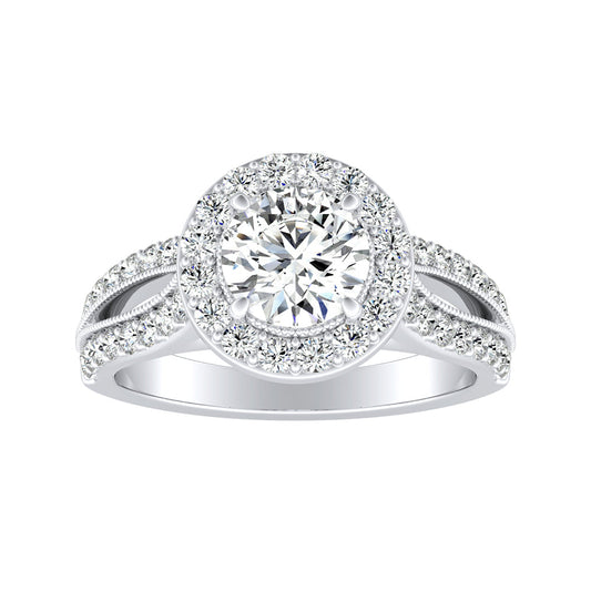 Round Diamond Halo Split Shank Engagement Ring With Pave And Milgrain Accents