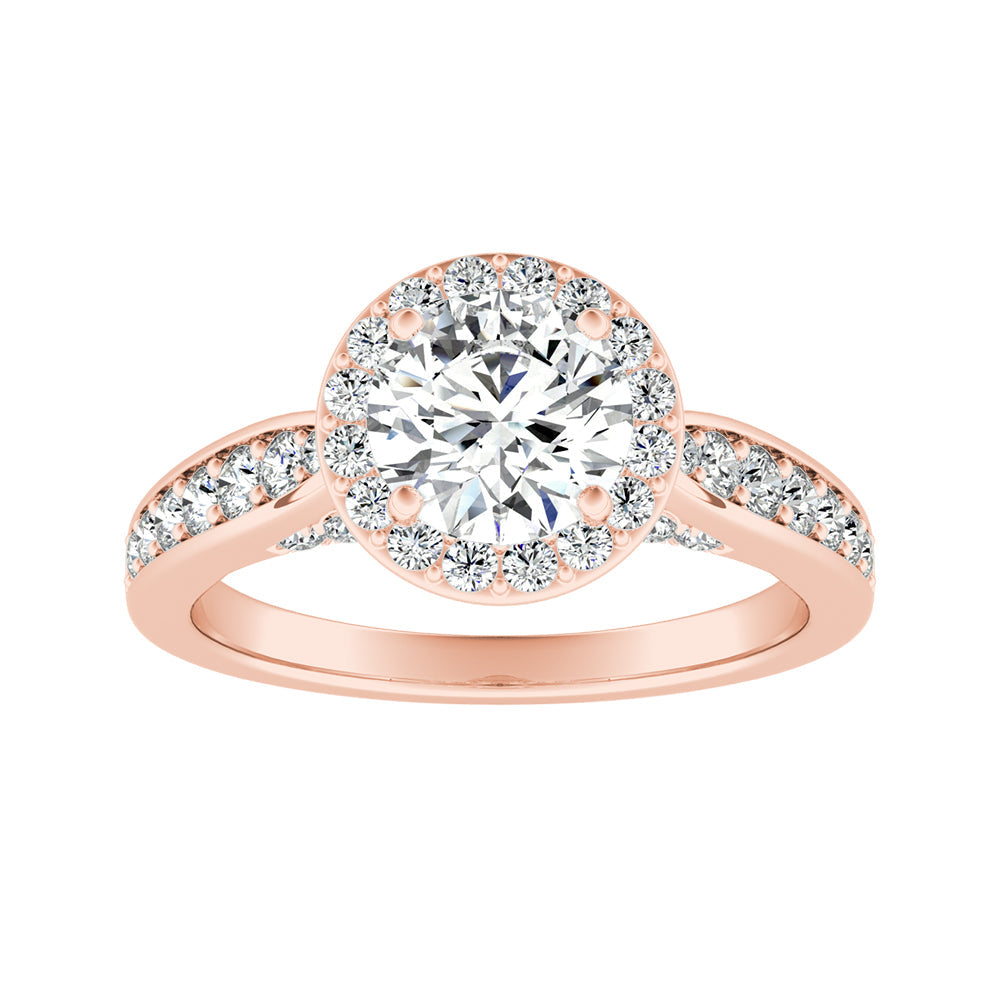 Round Diamond Halo Pinched Shank Engagement Ring With Bead Set Pave Accents