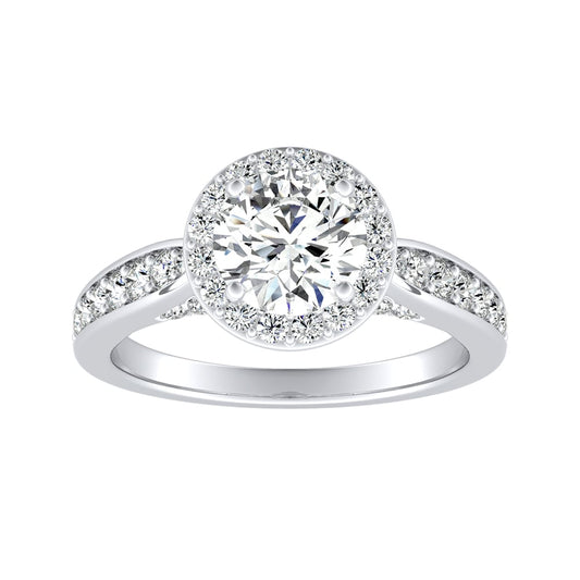 Round Diamond Halo Pinched Shank Engagement Ring With Bead Set Pave Accents