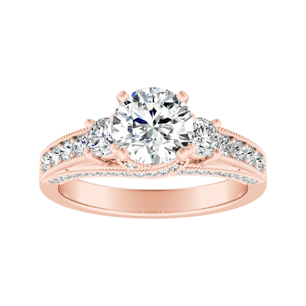 Round Diamond Trellis Engagement Ring With Channel Set Diamonds And Milgrain Accents