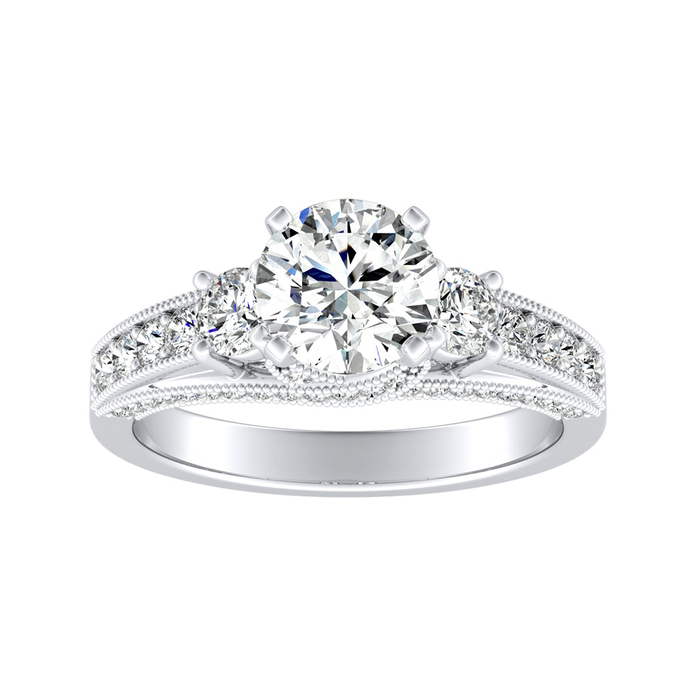 Round Diamond Trellis Engagement Ring With Channel Set Diamonds And Milgrain Accents