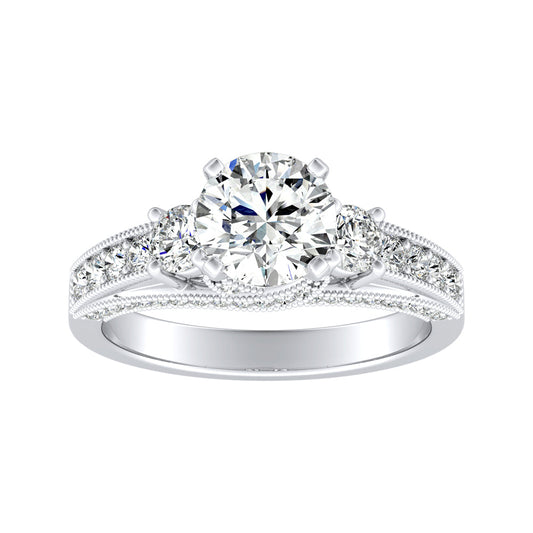 Round Diamond Trellis Engagement Ring With Channel Set Diamonds And Milgrain Accents