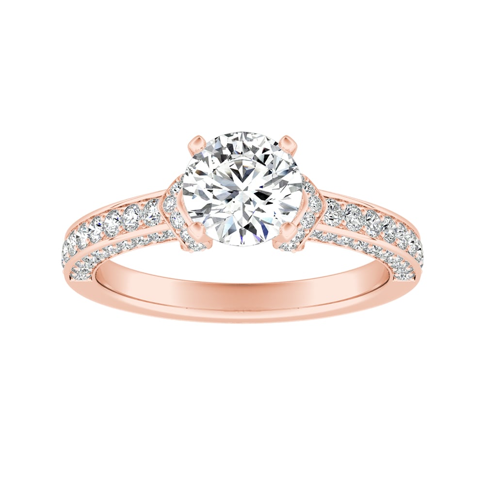 Round Diamond Collar Accented Engagement Ring With Three-Sided Bead-Set Pavé Diamonds