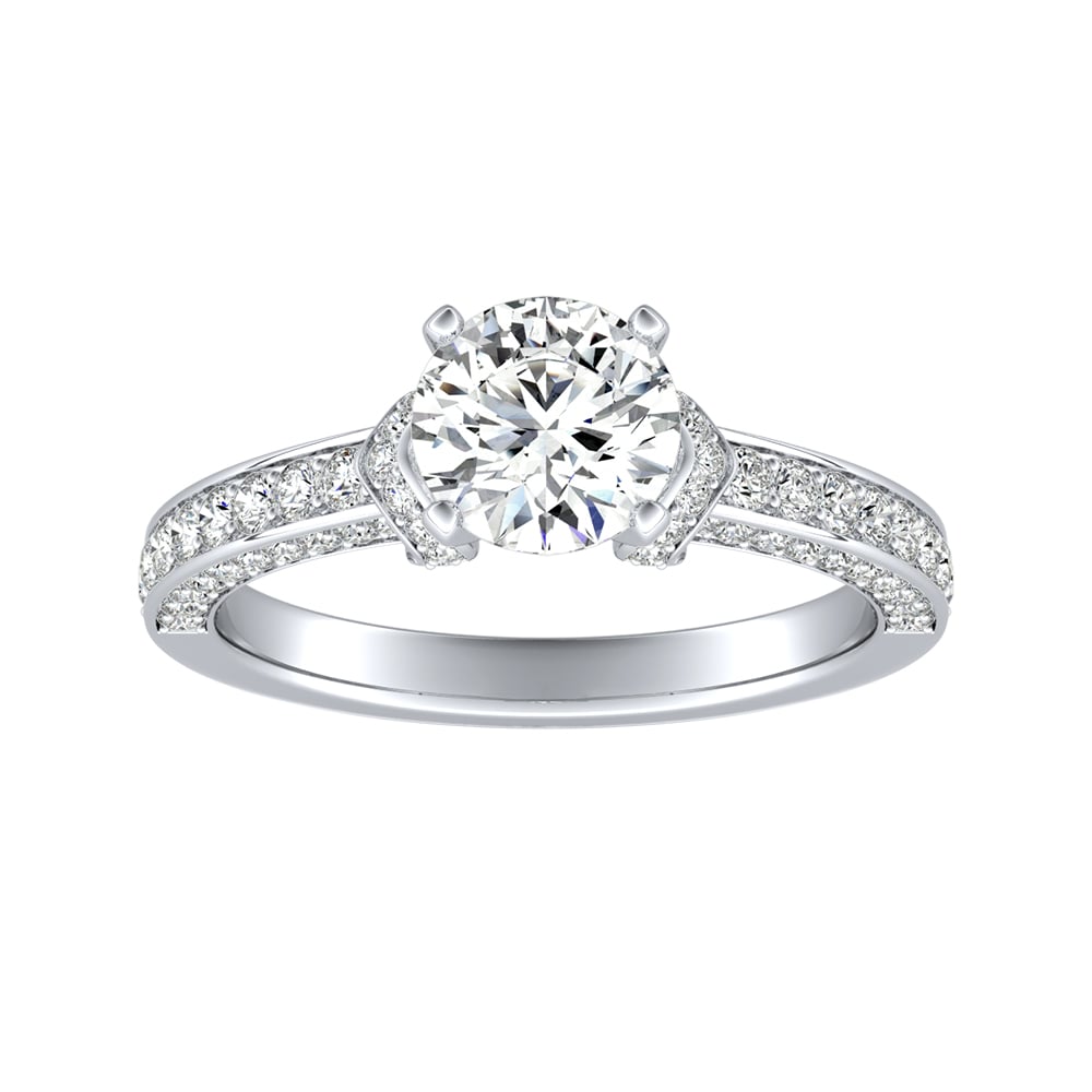 Round Diamond Collar Accented Engagement Ring With Three-Sided Bead-Set Pavé Diamonds