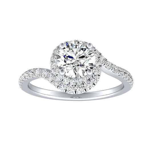 Round Diamond Swoop Halo Engagement Ring With Pave Accents