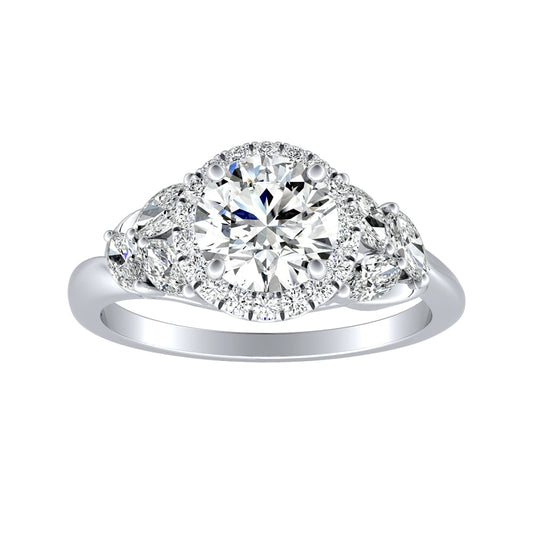 Round Diamond Halo Engagement Ring With Marquise Diamond Accents