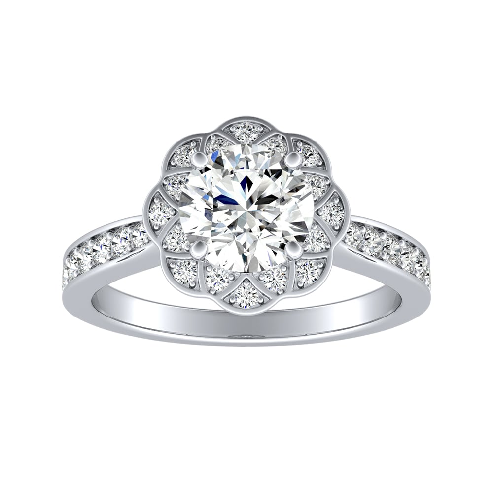Round Diamond Floral Inspired Halo Engagement Ring With Bead-Set Pave Diamonds