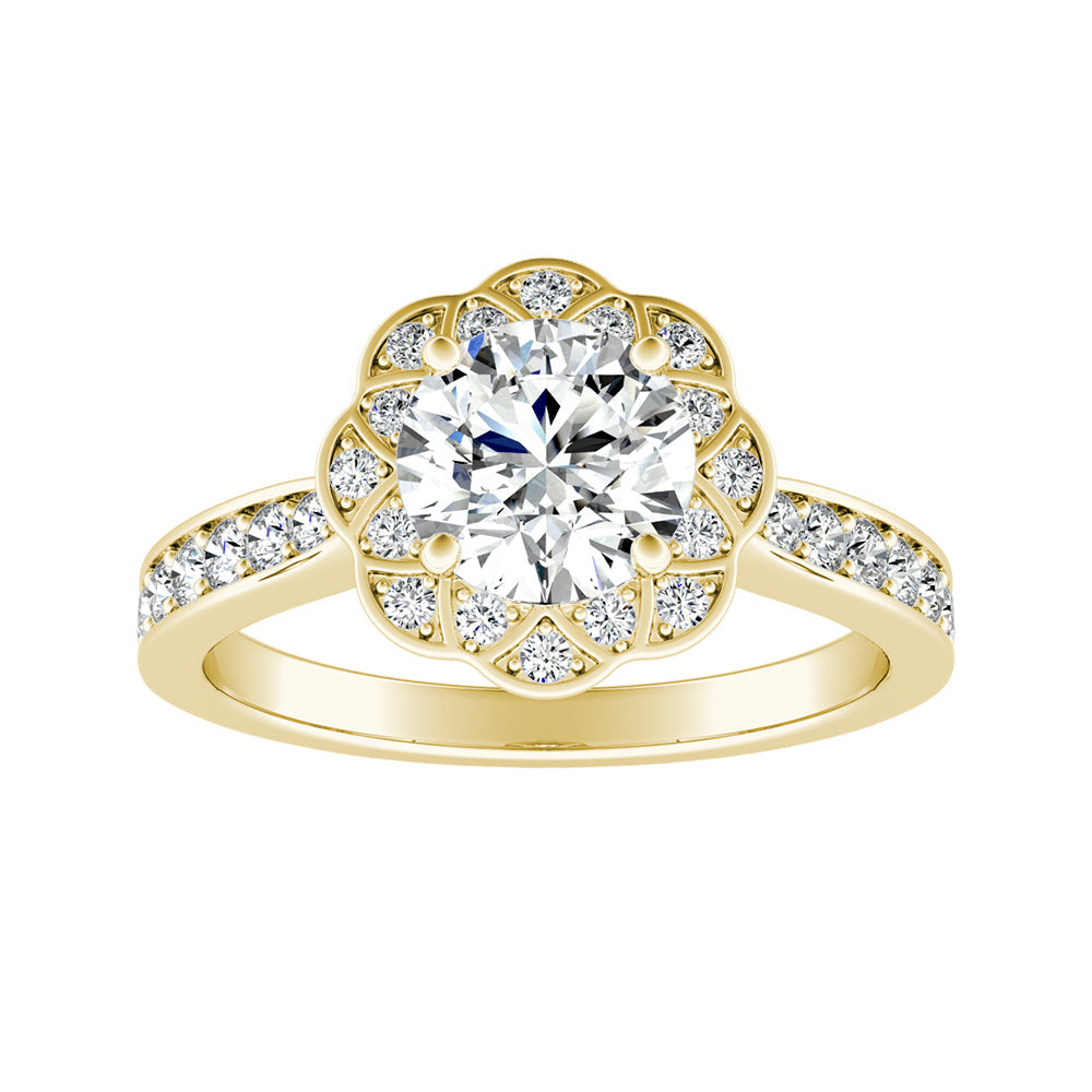 Round Diamond Floral Inspired Halo Engagement Ring With Bead-Set Pave Diamonds