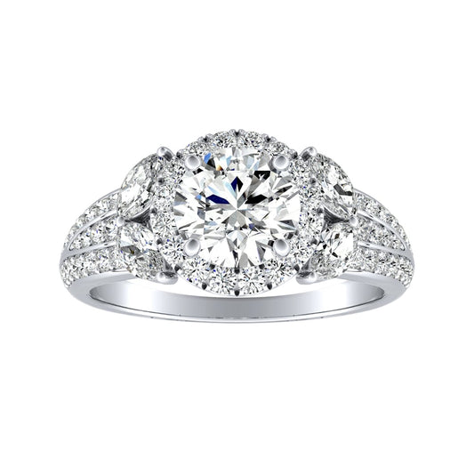 Round Diamond Nature Inspired Engagement Ring With Marquise Accents and Micropave