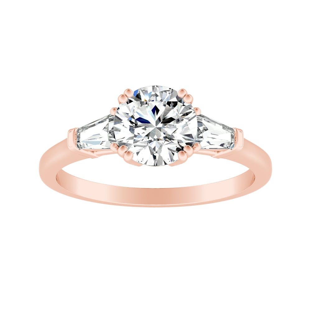 Round Diamond Double Prong Three Stone Engagement Ring With Tapered Baguettes