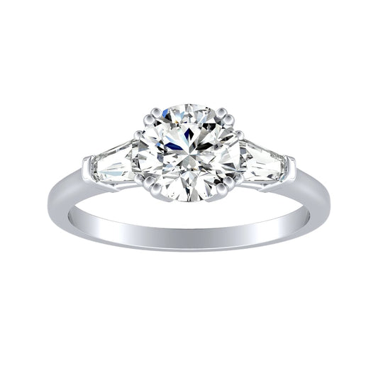 Round Diamond Double Prong Three Stone Engagement Ring With Tapered Baguettes