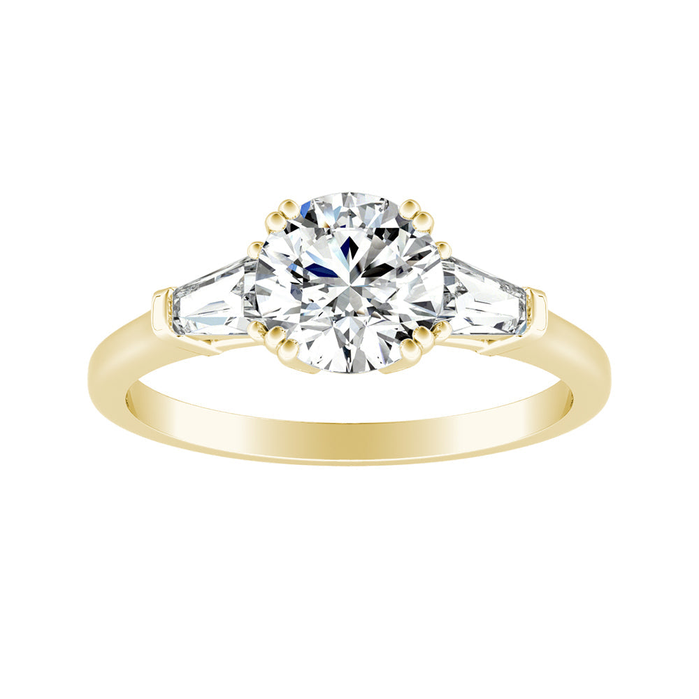 Round Diamond Double Prong Three Stone Engagement Ring With Tapered Baguettes