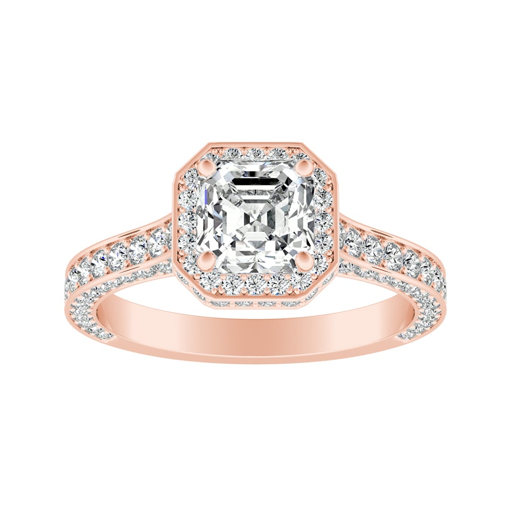 Asscher Cut Halo Engagement Ring With Channel and Bead Set Accent Diamonds