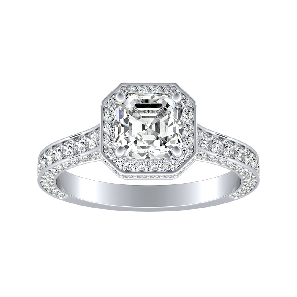 Asscher Cut Halo Engagement Ring With Channel and Bead Set Accent Diamonds