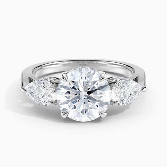 Round Diamond Three Stone Engagement Ring With Pears and Hidden Halo