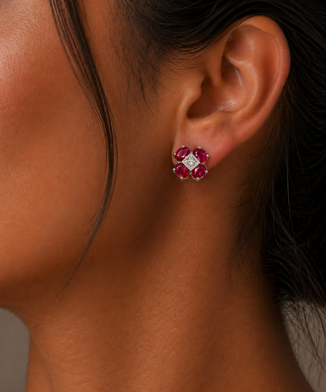 White Gold Ruby and Diamond Earrings