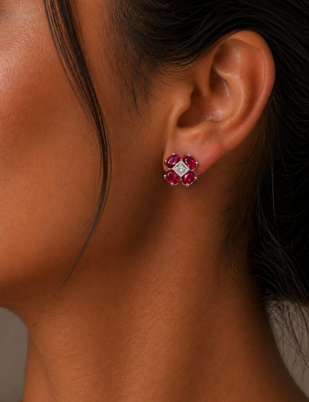 White Gold Ruby and Diamond Earrings