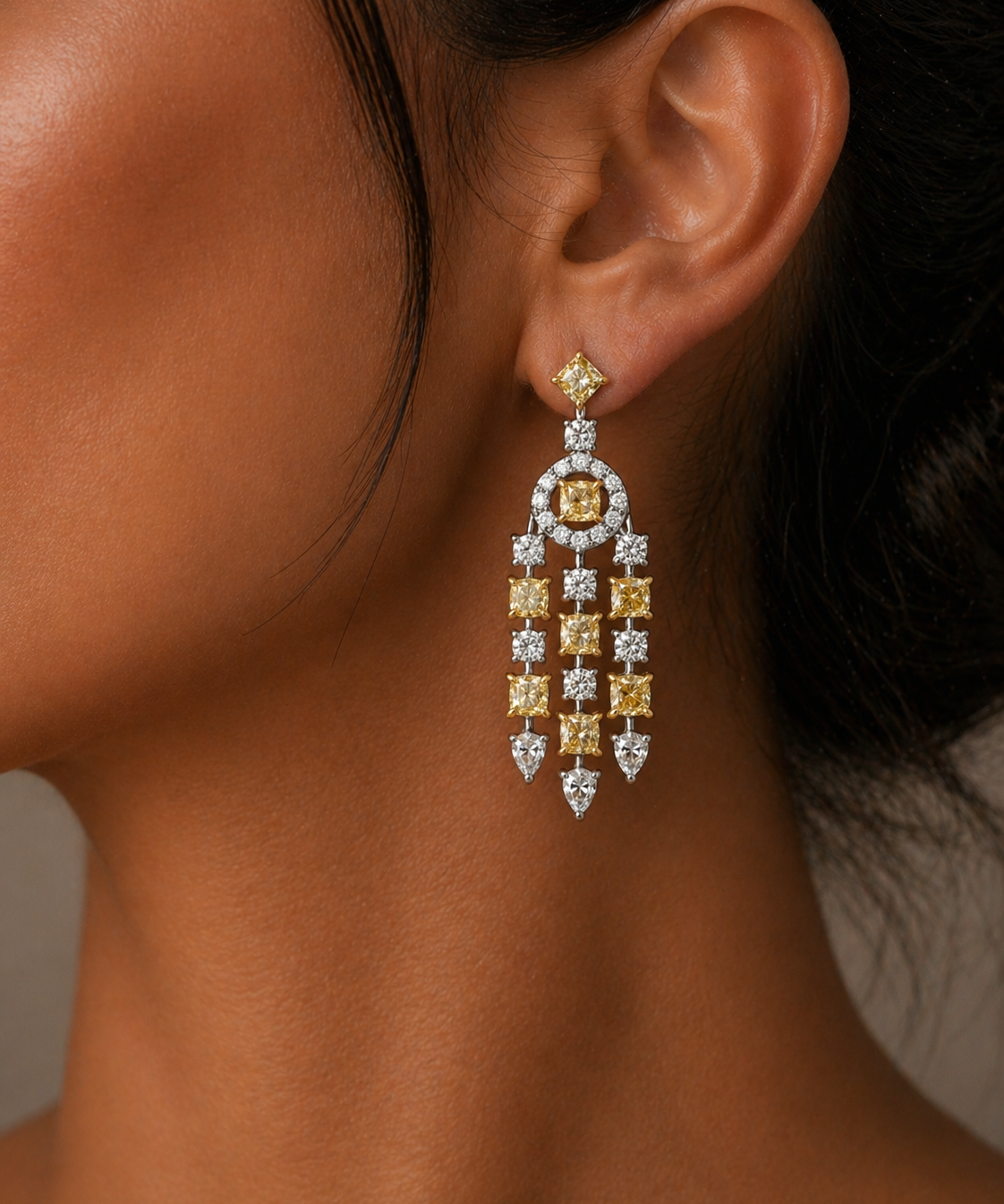Yellow and White Gold Fancy Yellow and White Diamond Dangle Earrings