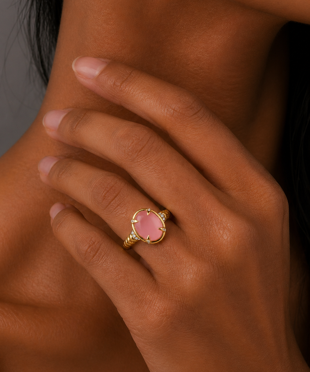 14K Yellow Gold Rose Quartz and Diamond Ring