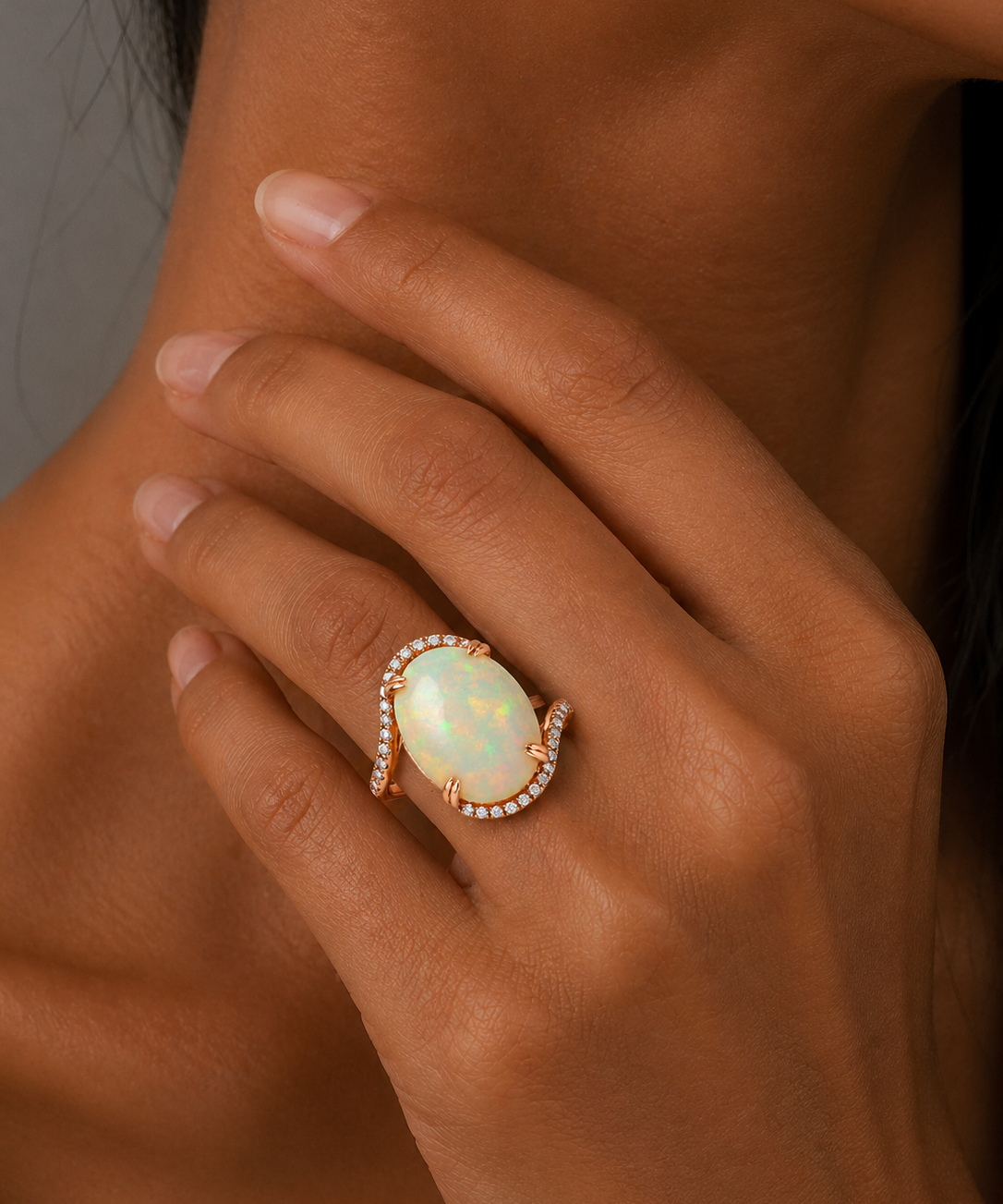 Rose Gold Opal and Diamond Bypass Ring