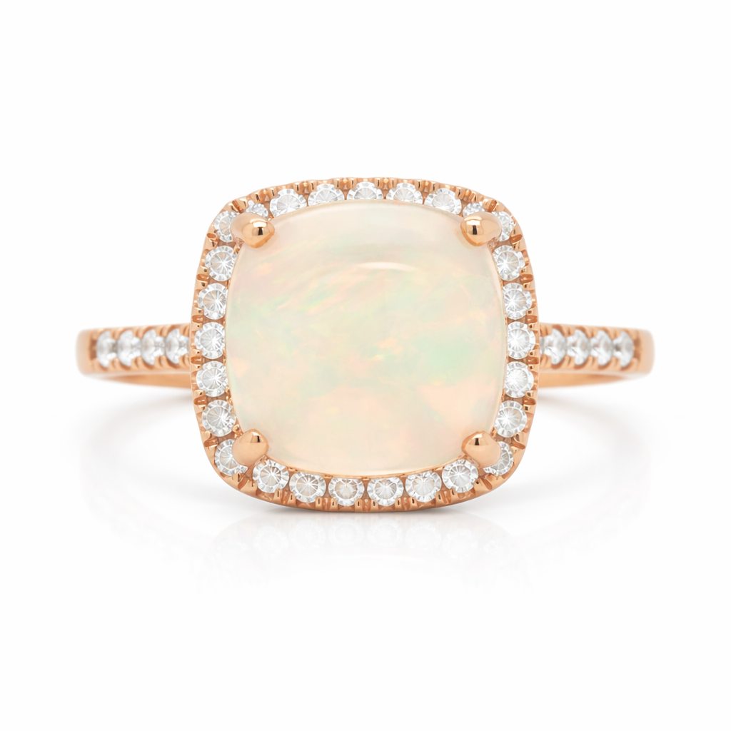 Rose Gold Cushion Cut Opal and Diamond Halo Ring
